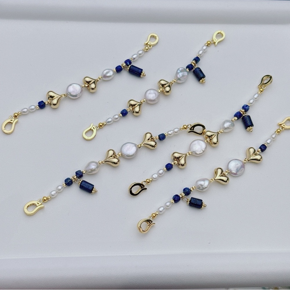 X659 Handmade Coin Freshwater Baroque Pearl Lapis Multi-Purpose Extension Chain